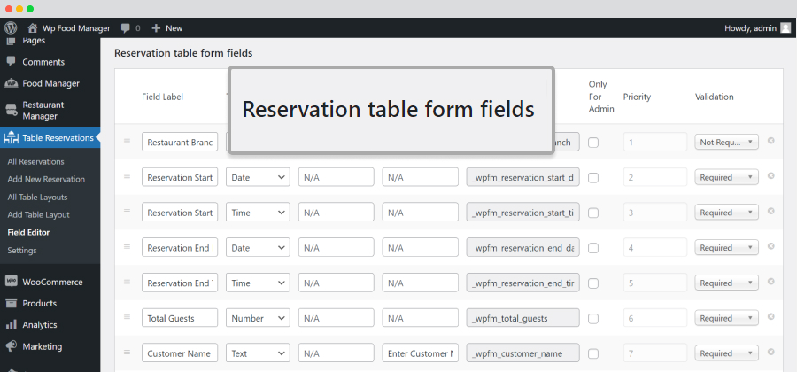 Table Reservations-Field Editor-Reservation forms